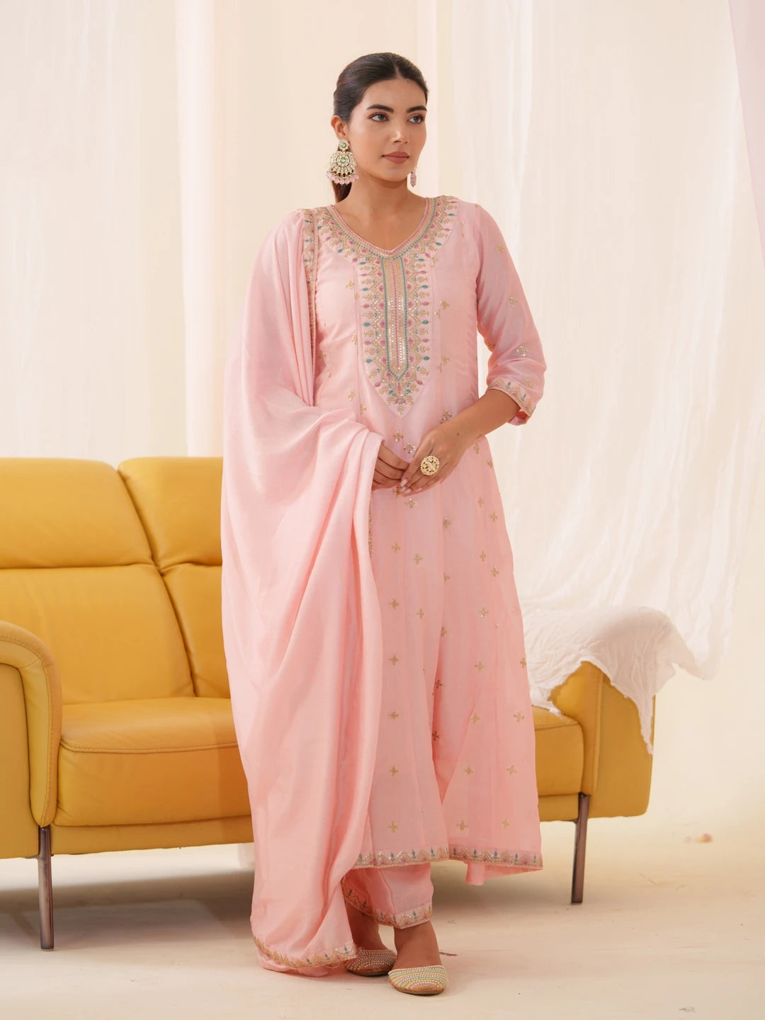 Women Ethnic Motifs Embroidered Kurta With Trousers & Dupatta