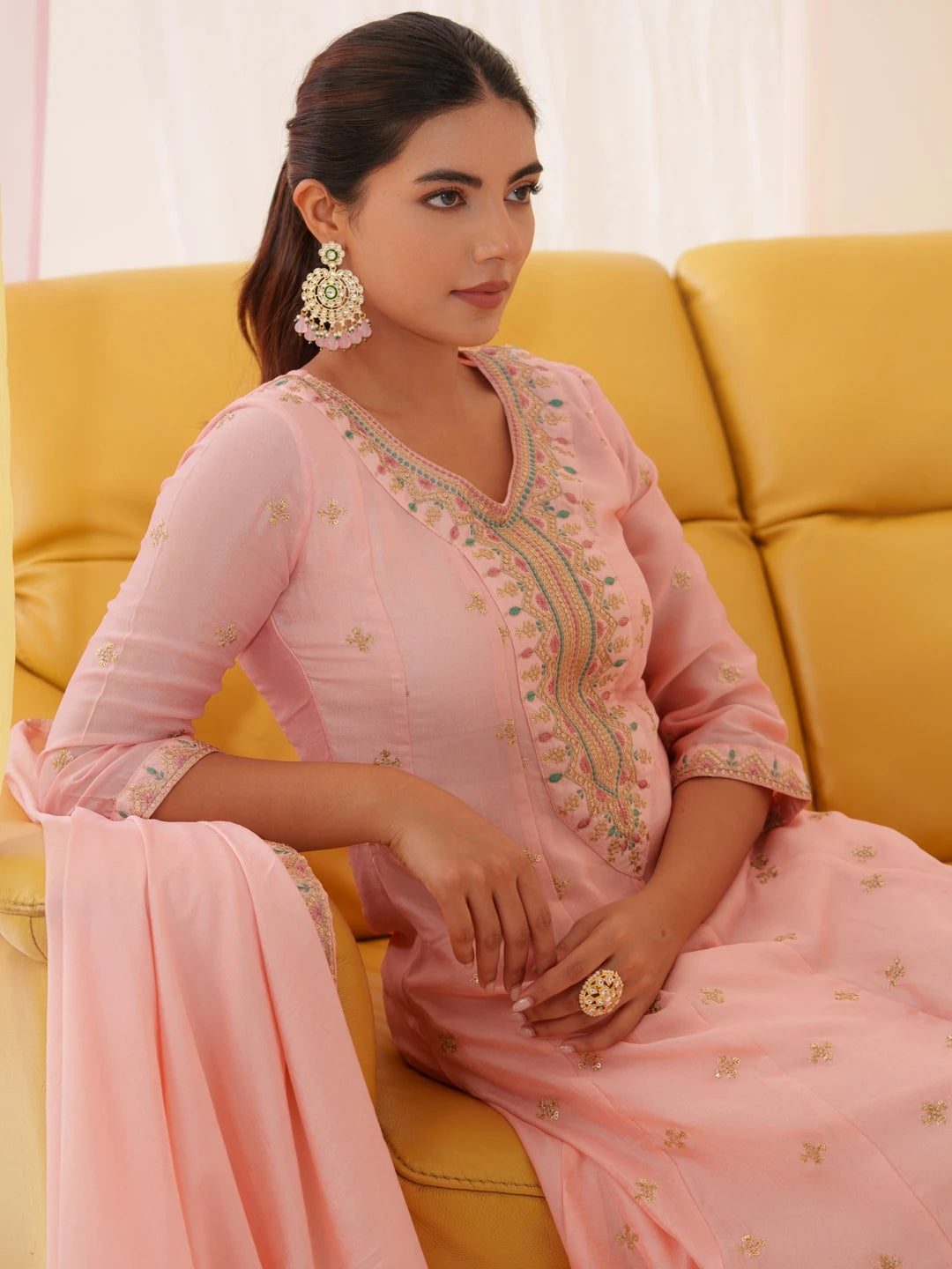 Women Ethnic Motifs Embroidered Kurta With Trousers & Dupatta