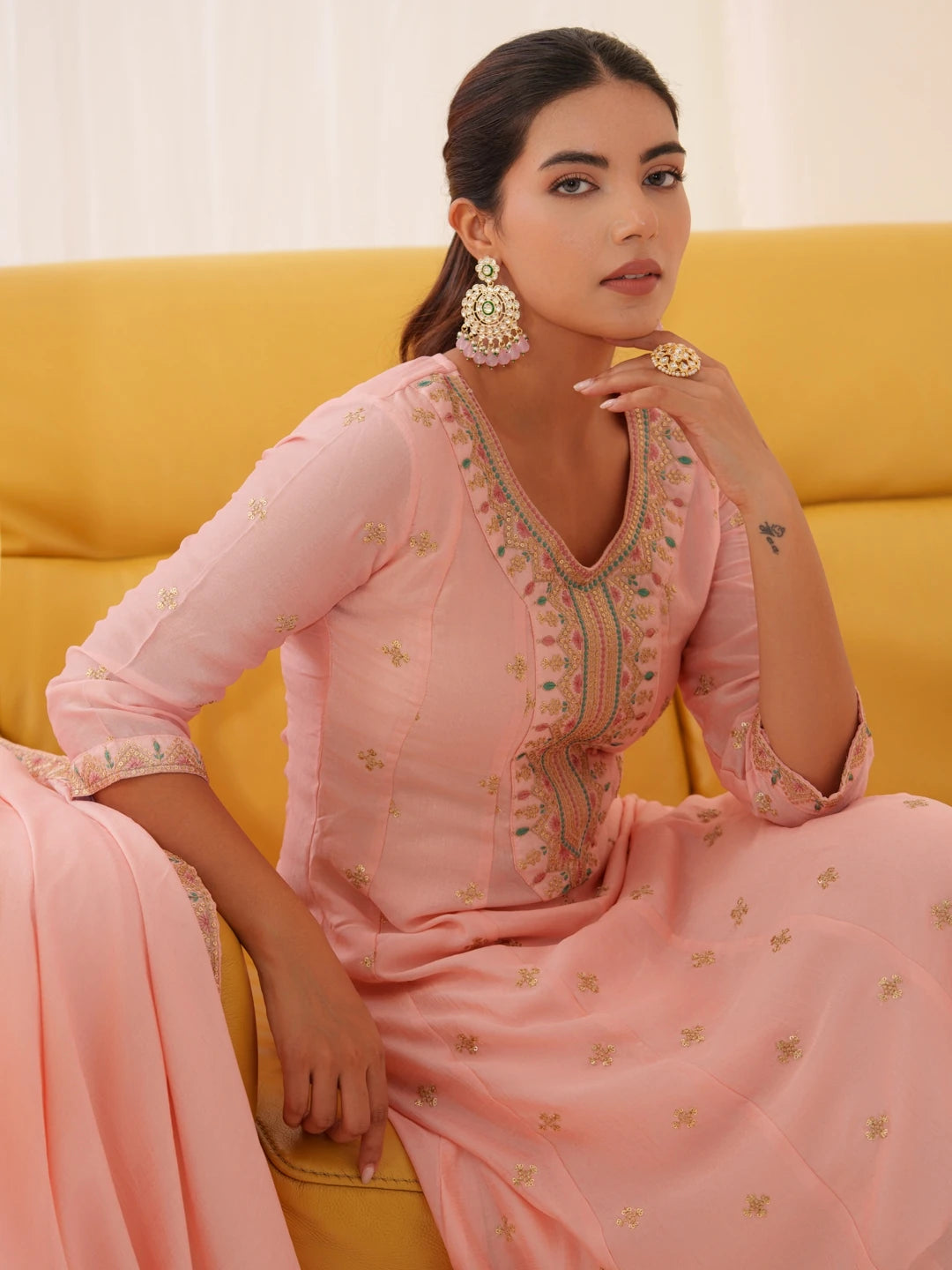 Women Ethnic Motifs Embroidered Kurta With Trousers & Dupatta