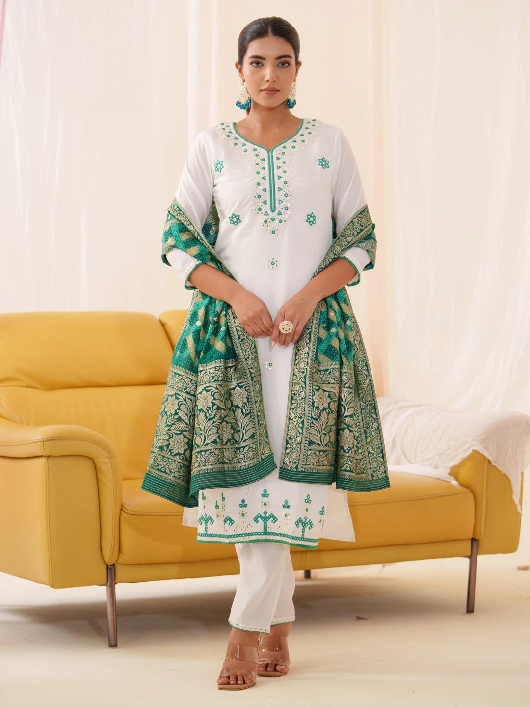 Women Ethnic Motifs Embroidered Kurta With Trousers & Dupatta-MLWSHKS4296GRN