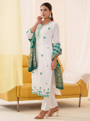 Women Ethnic Motifs Embroidered Kurta With Trousers & Dupatta-MLWSHKS4296GRN
