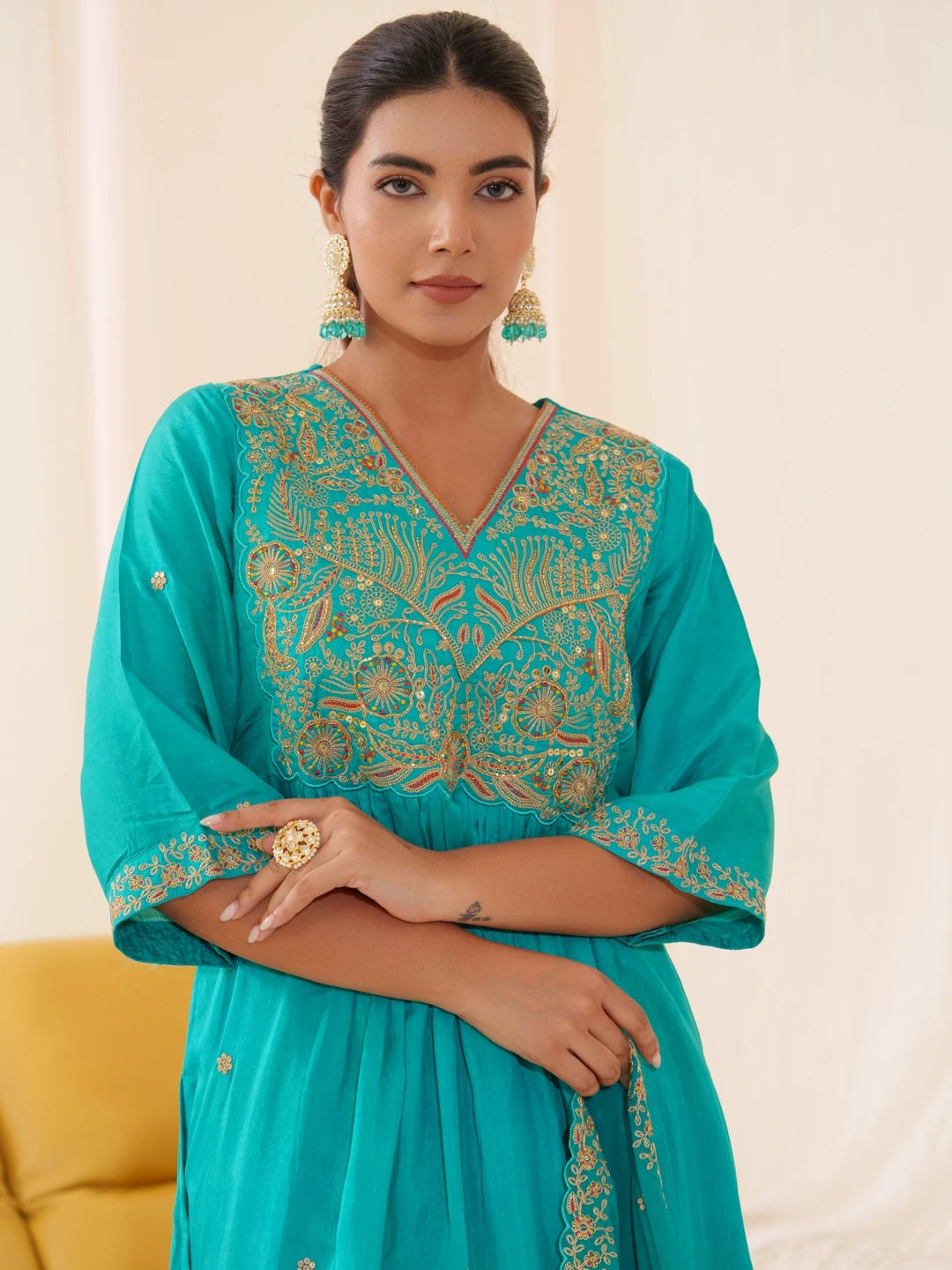 Women Ethnic Motifs Embroidered Kurta With Trousers & Dupatta