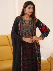 Women Ethnic Motifs Embroidered Kurta With Trousers & Dupatta-MLWSHKS4300BLK