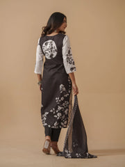 White Linen Floral Pinted Kurta Set For Women-MLWSHKS4303WHT