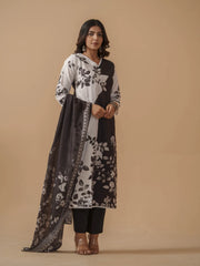 White Linen Floral Pinted Kurta Set For Women-MLWSHKS4303WHT