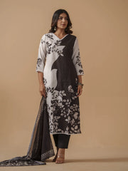White Linen Floral Pinted Kurta Set For Women-MLWSHKS4303WHT