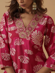 Pink Chanderi Cotton Floral Printed Kurta With Trouser For Women-MLWSHKS4309PNK