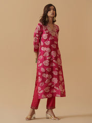 Pink Chanderi Cotton Floral Printed Kurta With Trouser For Women-MLWSHKS4309PNK