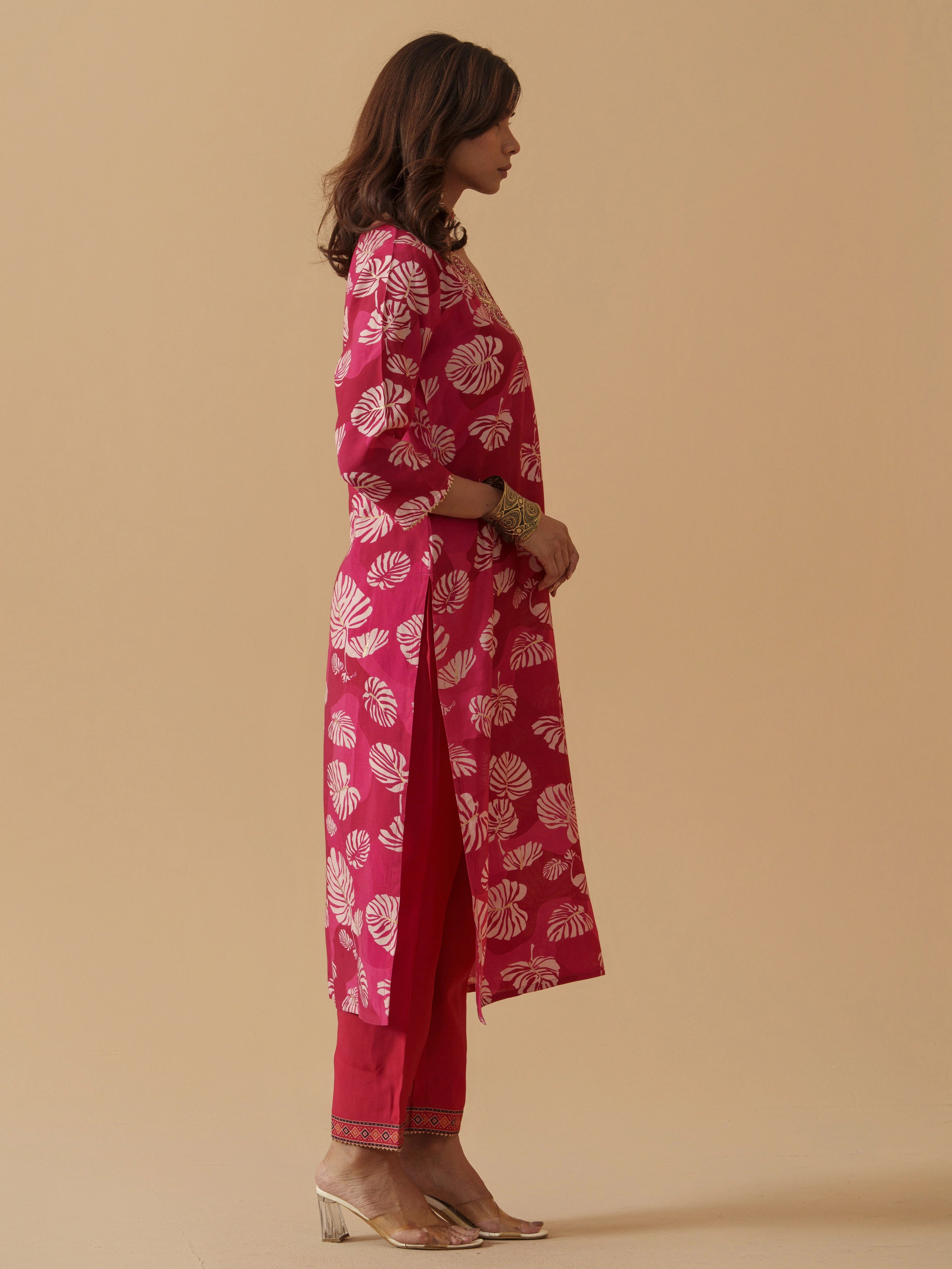 Pink Chanderi Cotton Floral Printed Kurta With Trouser For Women