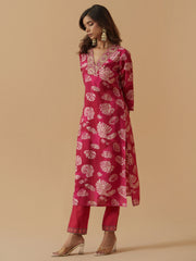 Pink Chanderi Cotton Floral Printed Kurta With Trouser For Women-MLWSHKS4309PNK