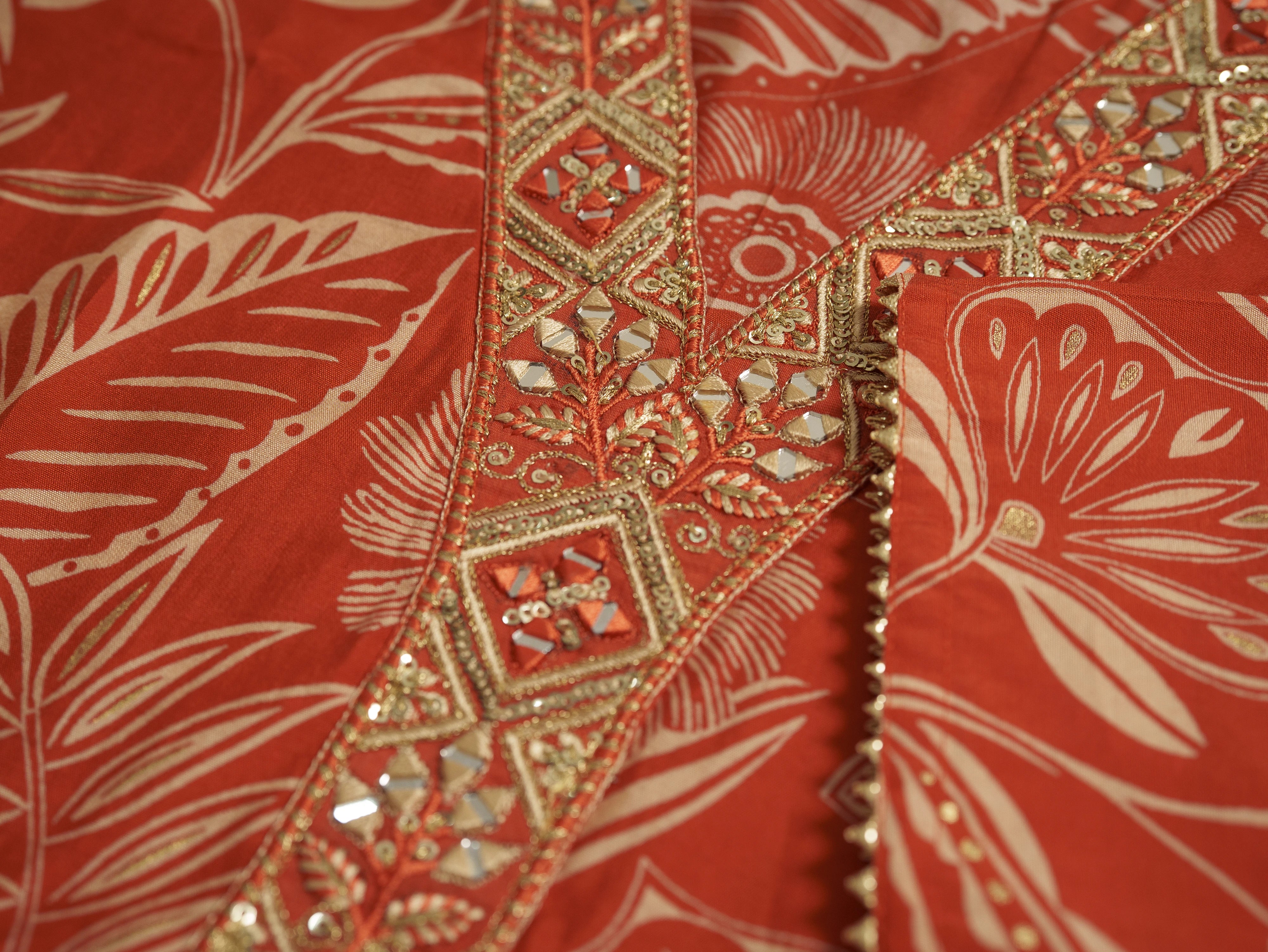 Orange Chanderi Cotton Floral Printed Kurta With Trouser For Women