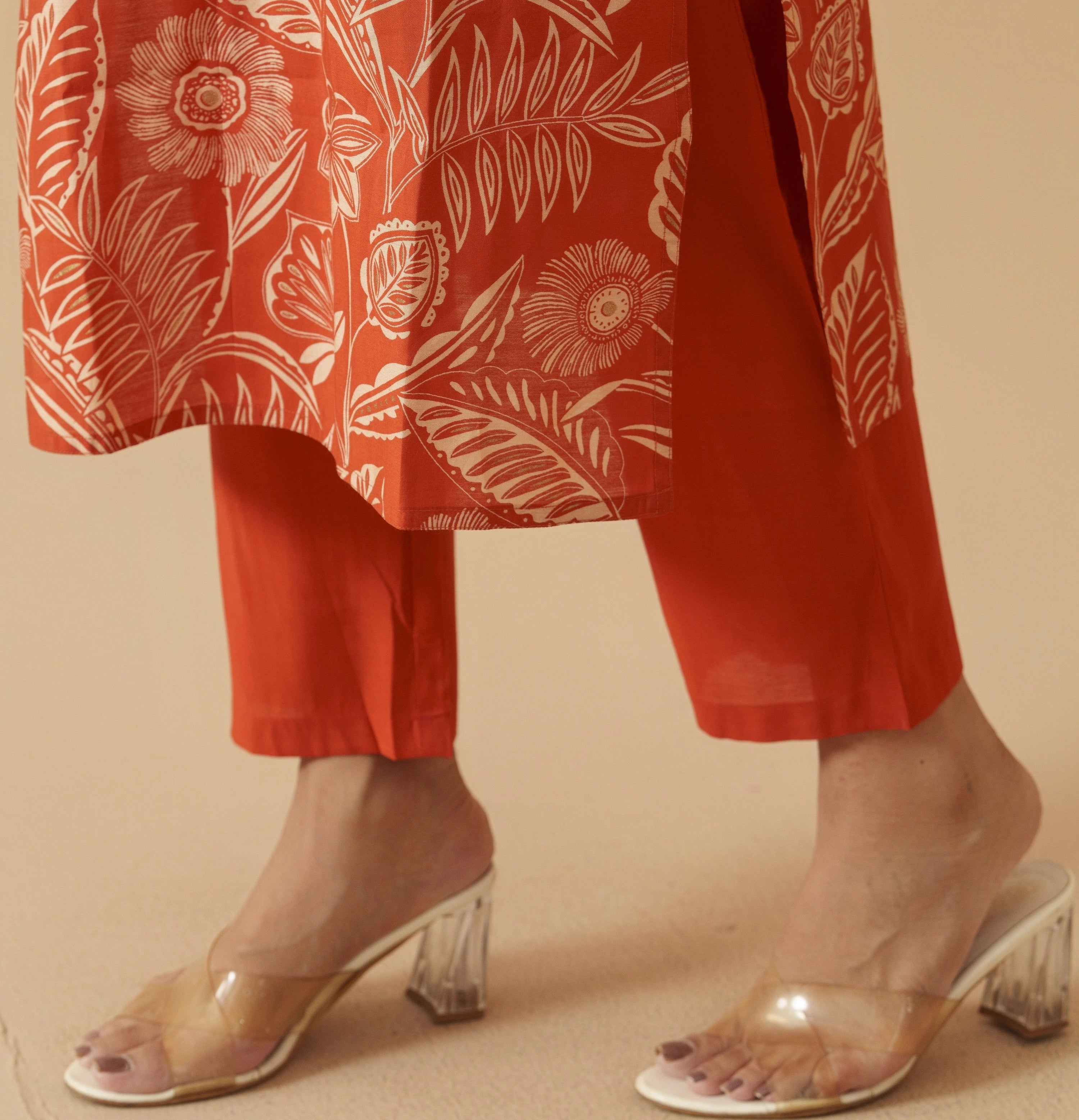 Orange Chanderi Cotton Floral Printed Kurta With Trouser For Women