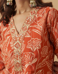 Orange Chanderi Cotton Floral Printed Kurta With Trouser For Women-MLWSHKS4310ORG