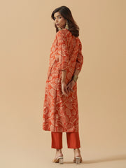 Orange Chanderi Cotton Floral Printed Kurta With Trouser For Women-MLWSHKS4310ORG