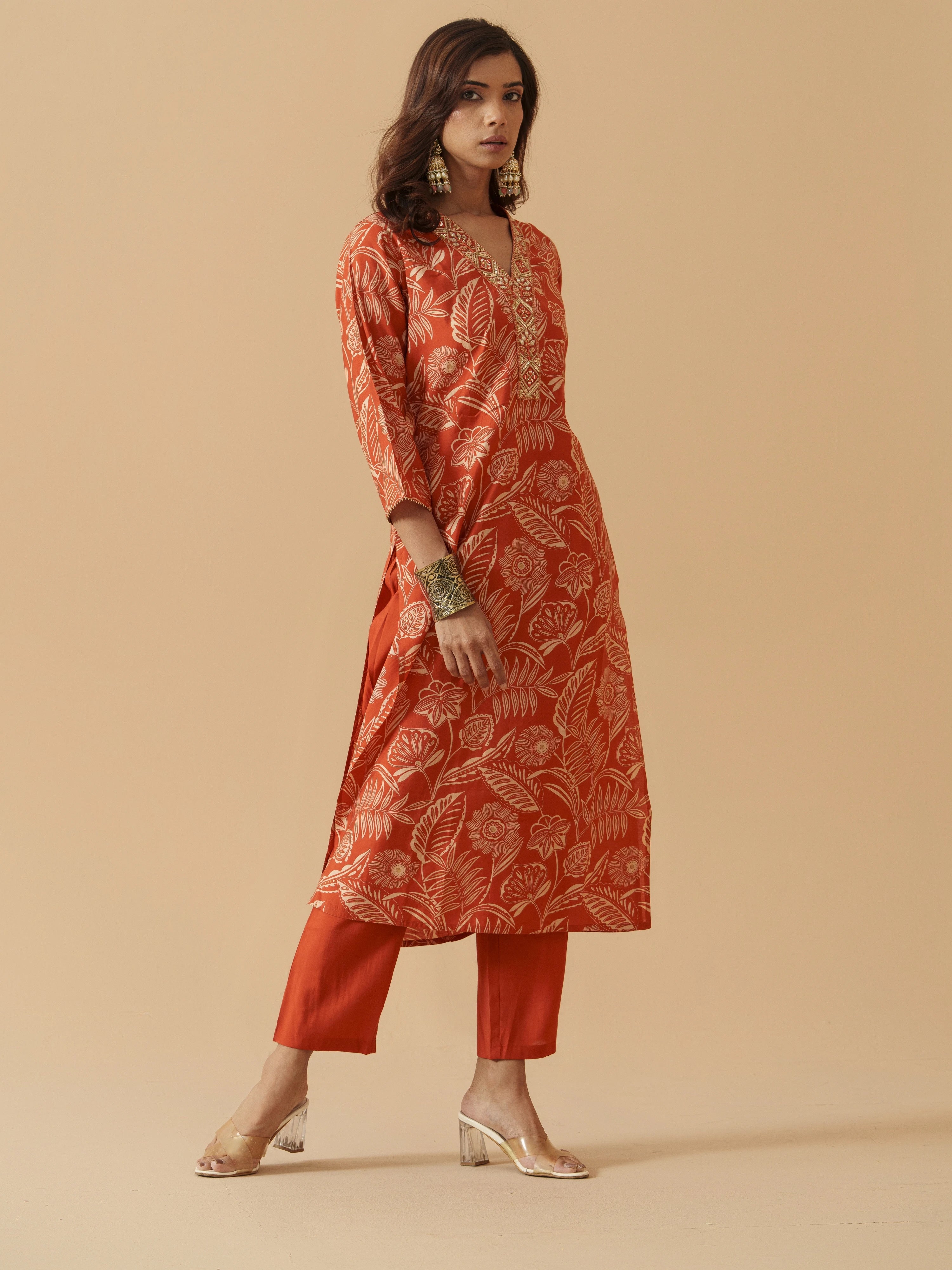 Orange Chanderi Cotton Floral Printed Kurta With Trouser For Women