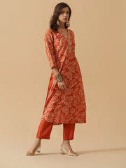 Orange Chanderi Cotton Floral Printed Kurta With Trouser For Women-MLWSHKS4310ORG