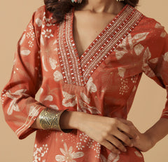 Orange Chanderi Cotton Floral Printed Kurta With Trouser For Women-MLWSHKS4311ORG