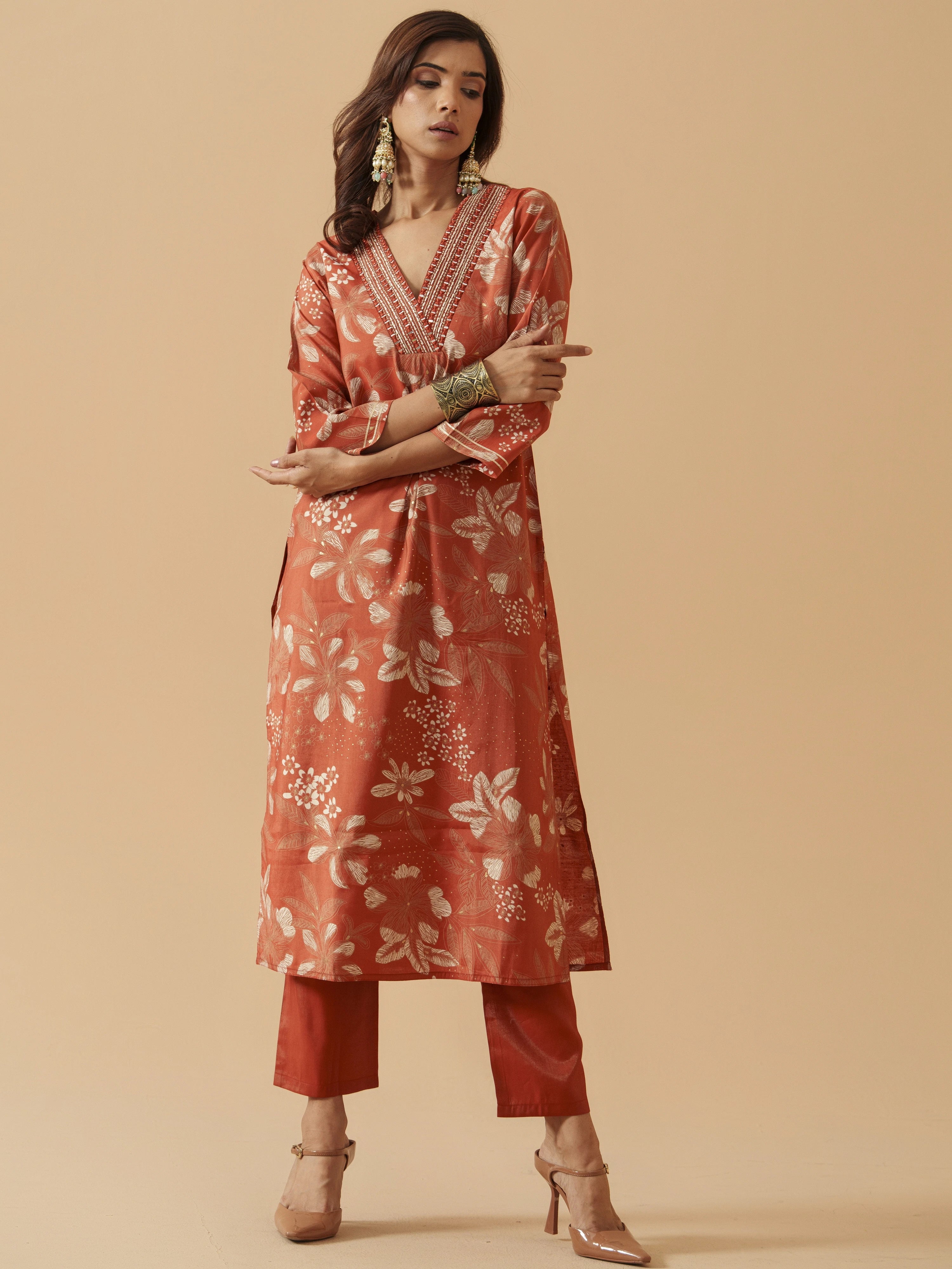 Orange Chanderi Cotton Floral Printed Kurta With Trouser For Women