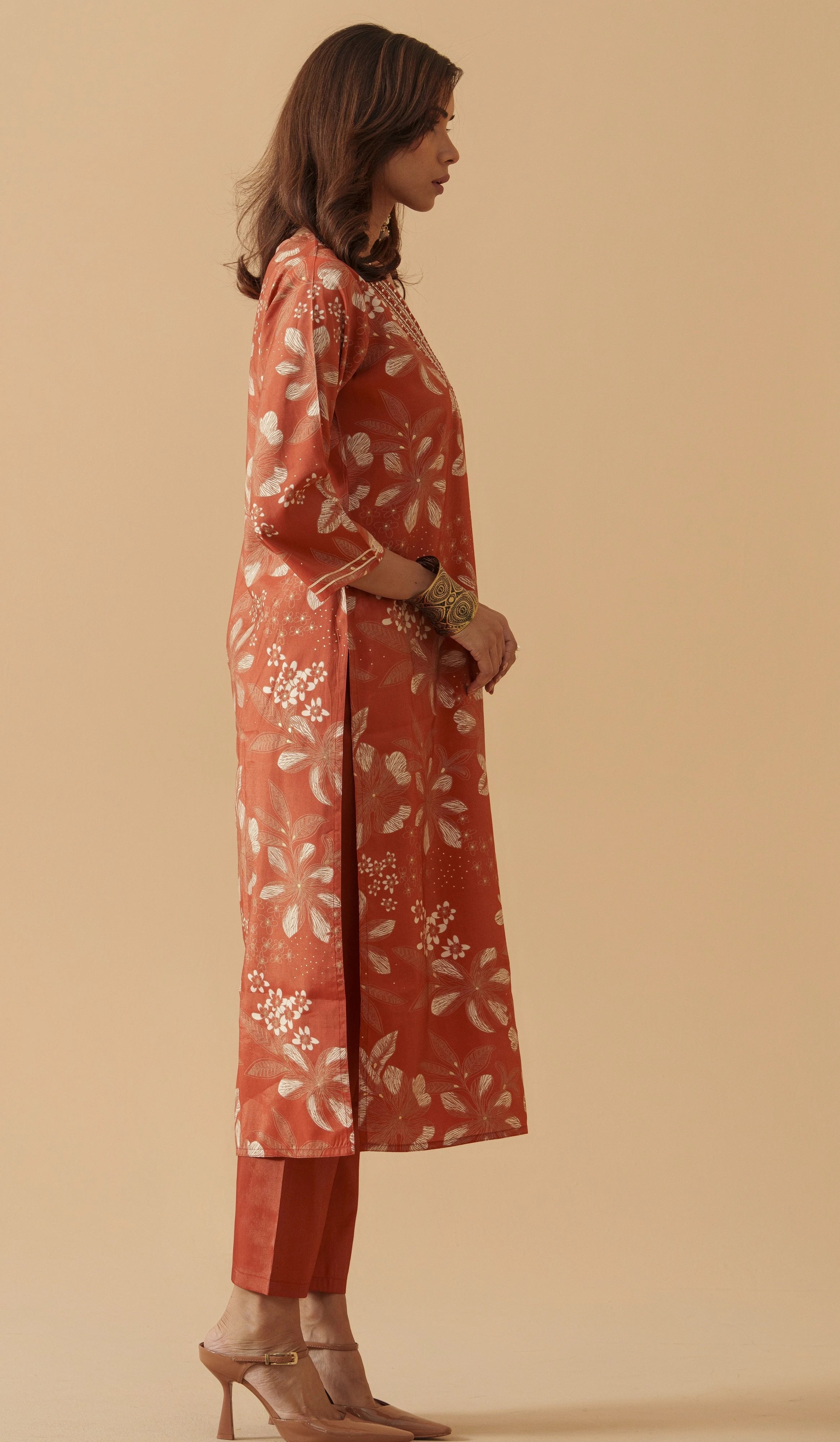 Orange Chanderi Cotton Floral Printed Kurta With Trouser For Women