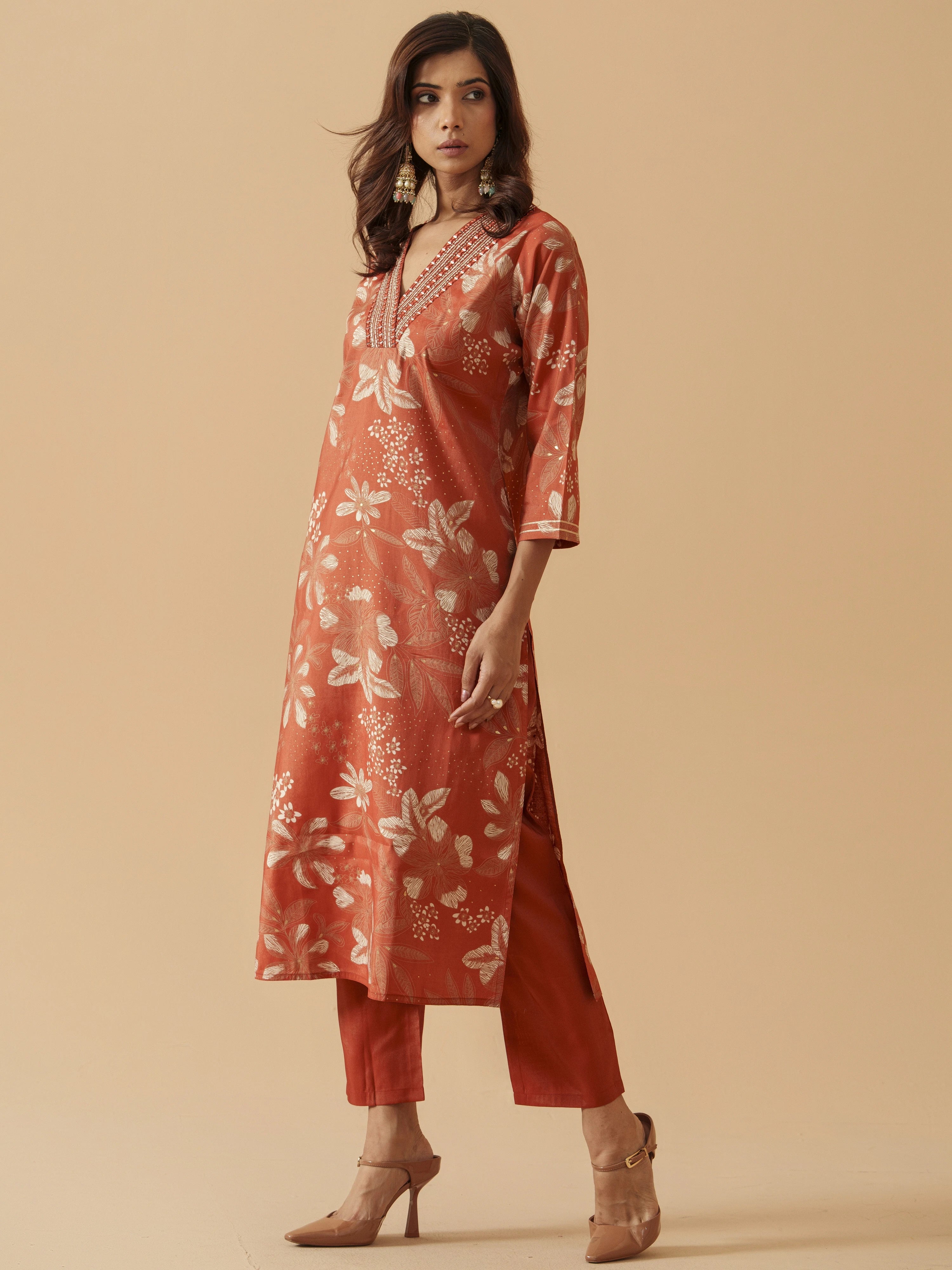 Orange Chanderi Cotton Floral Printed Kurta With Trouser For Women