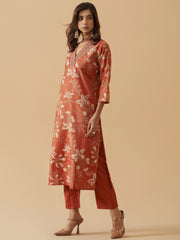 Orange Chanderi Cotton Floral Printed Kurta With Trouser For Women-MLWSHKS4311ORG