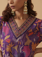 Purple Chanderi Cotton Floral Printed Kurta With Trouser For Women-MLWSHKS4312PUP