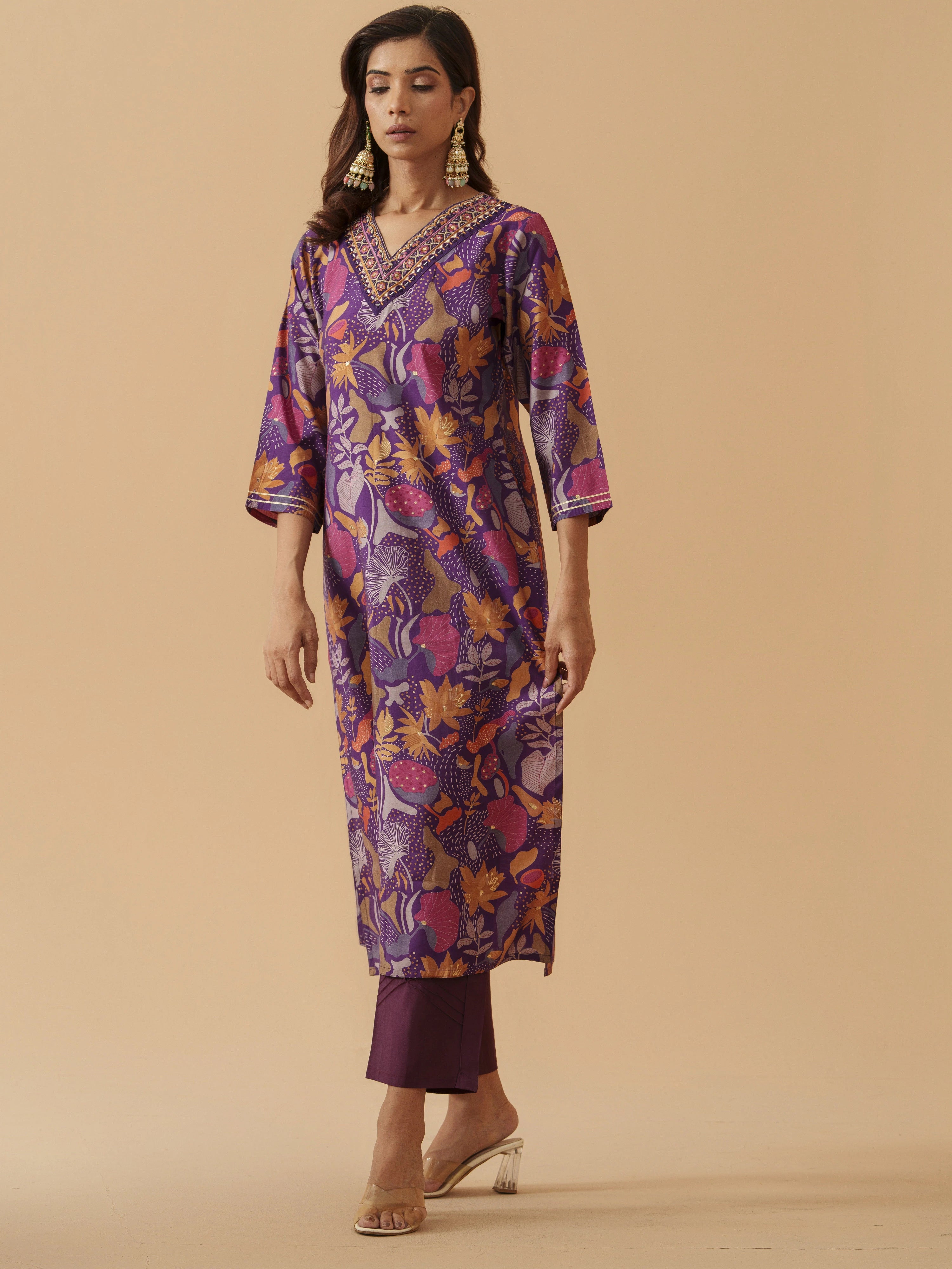 Purple Chanderi Cotton Floral Printed Kurta With Trouser For Women