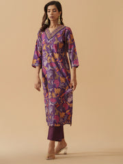 Purple Chanderi Cotton Floral Printed Kurta With Trouser For Women-MLWSHKS4312PUP