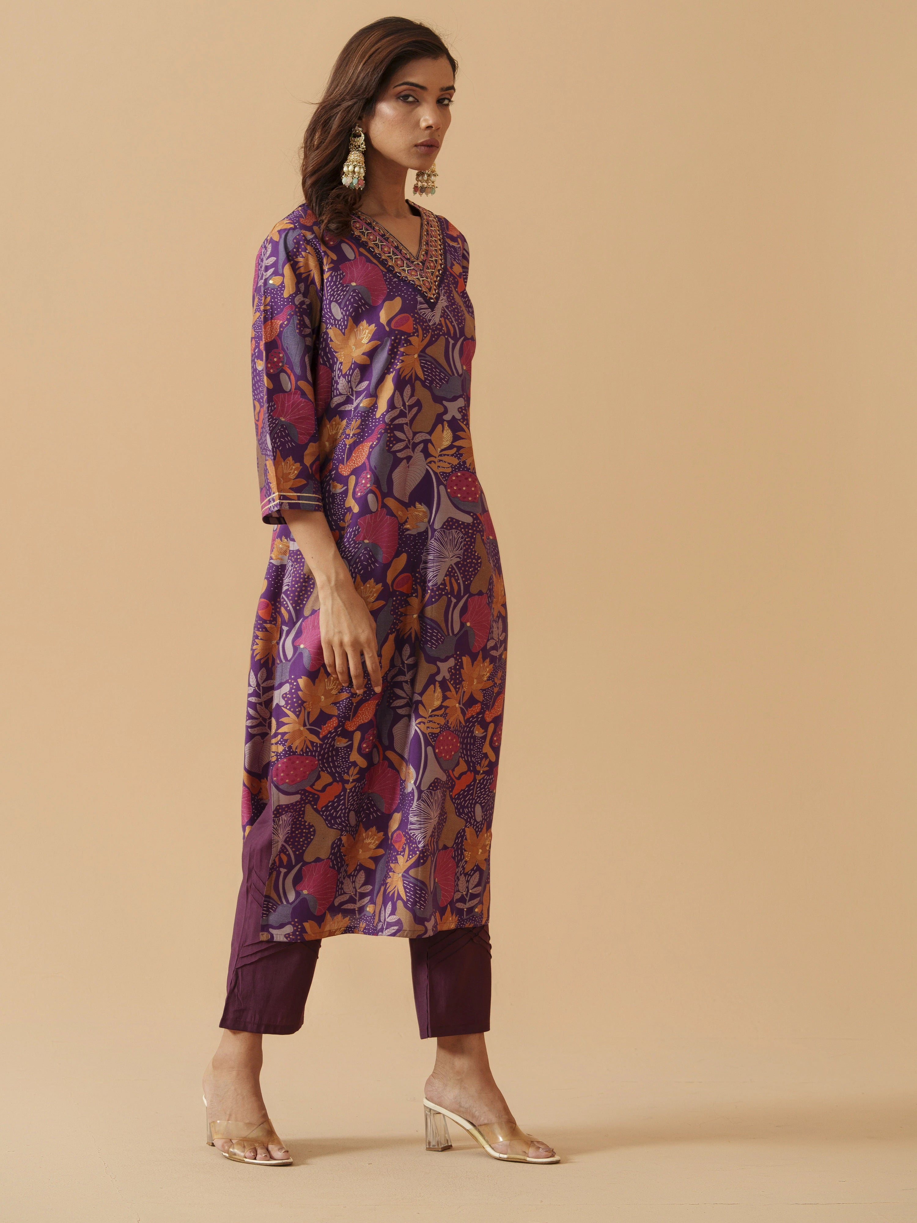 Purple Chanderi Cotton Floral Printed Kurta With Trouser For Women