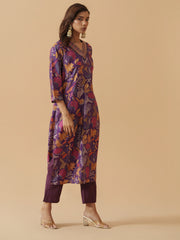 Purple Chanderi Cotton Floral Printed Kurta With Trouser For Women-MLWSHKS4312PUP