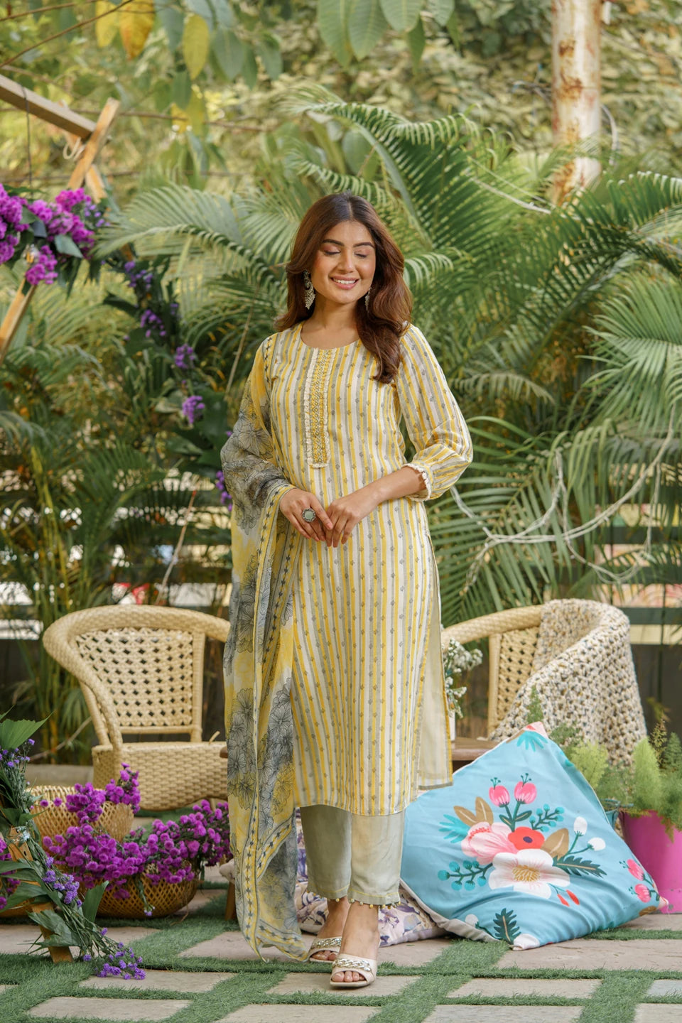 Yellow Colour Muslin Cotton Fabric Top Bottom And Dupatta Set