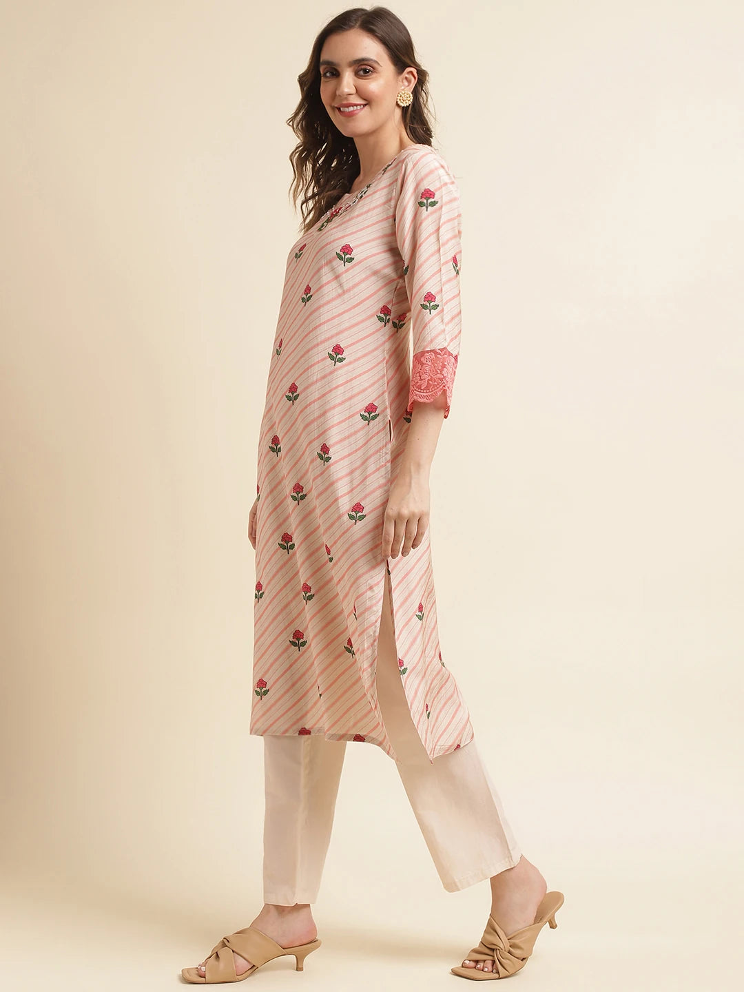 Peach Colour Muslin Cotton Fabric Top Bottom And Dupatta Set