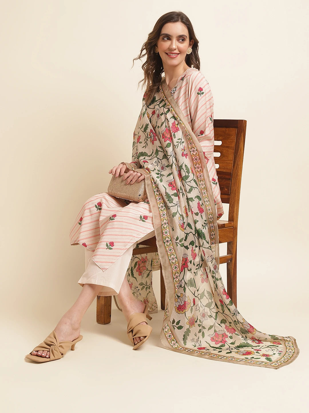 Peach Colour Muslin Cotton Fabric Top Bottom And Dupatta Set