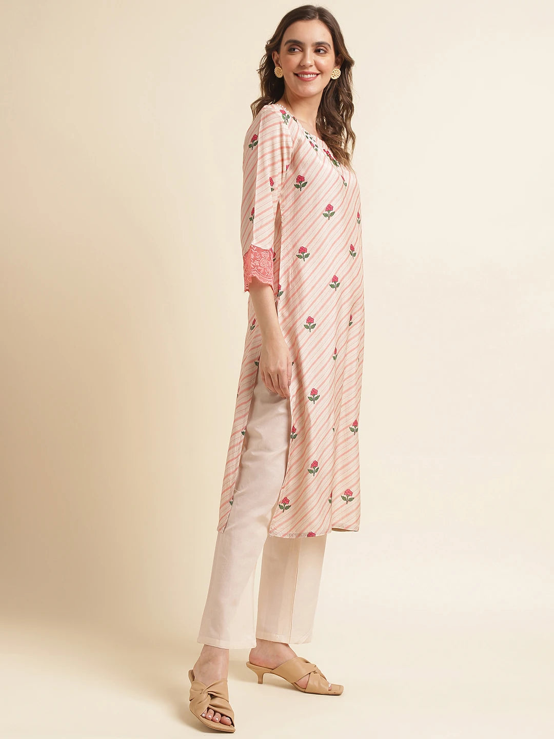 Peach Colour Muslin Cotton Fabric Top Bottom And Dupatta Set