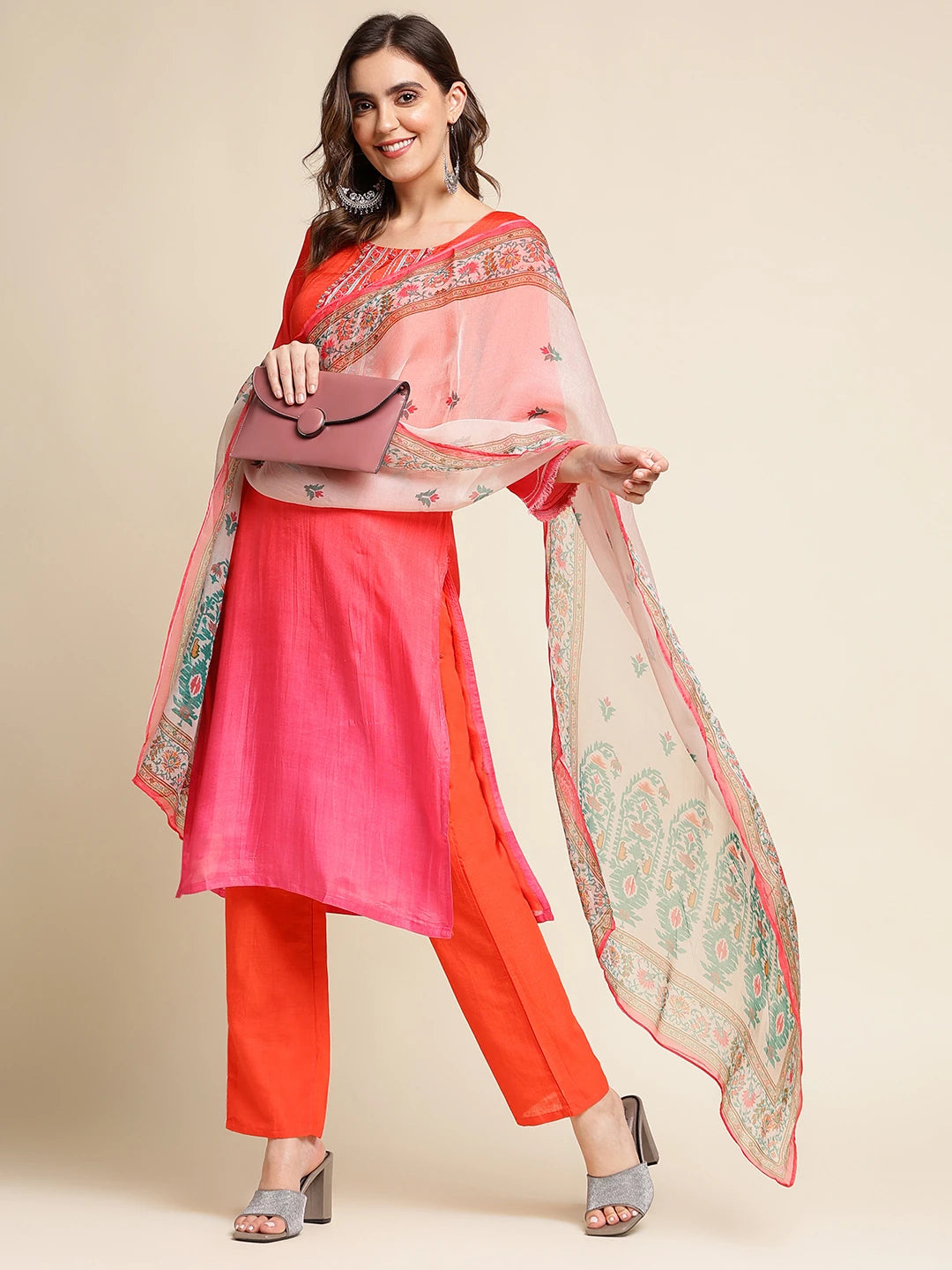 Modal Fabric Red Colour Top Bottom Dupatta Set 