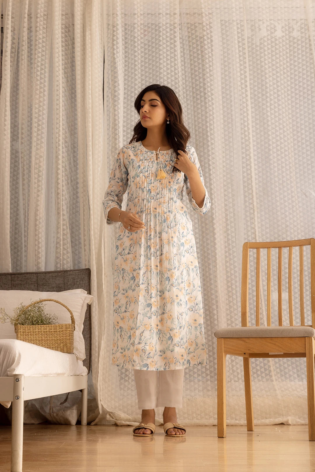 Linen Cotton White Colour Top Bottom Dupatta Set
