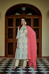 Cotton Fabric Green Colour Floral Printed Top Bottom Dupatta Set-MLWSHKS4343GRN