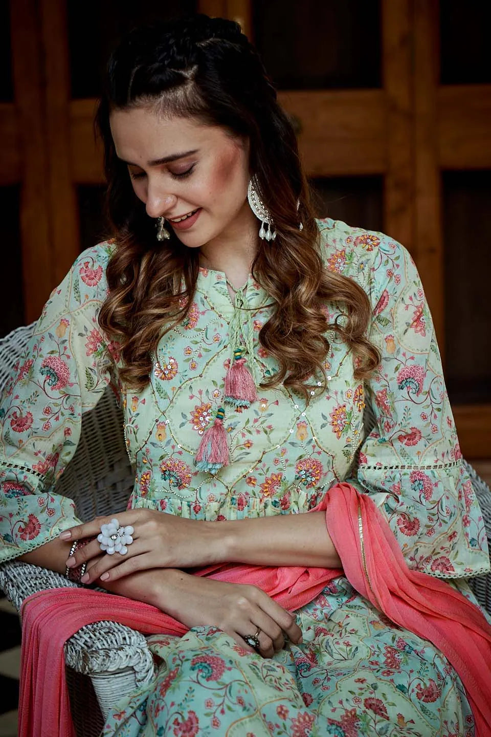 Cotton Fabric Green Colour Floral Printed Top Bottom Dupatta Set-MLWSHKS4343GRN