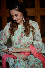 Cotton Fabric Green Colour Floral Printed Top Bottom Dupatta Set-MLWSHKS4343GRN
