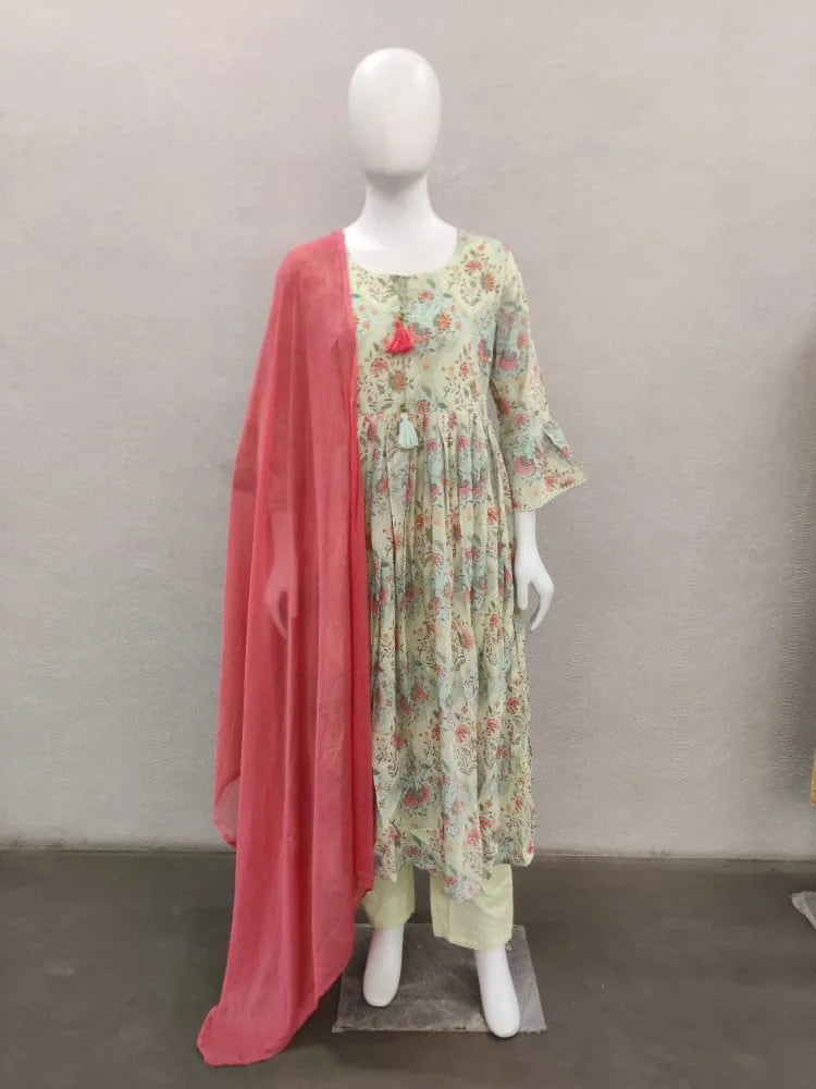 Cotton Fabric Green Colour Floral Printed Top Bottom Dupatta Set
