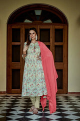Cotton Fabric Green Colour Floral Printed Top Bottom Dupatta Set-MLWSHKS4343GRN