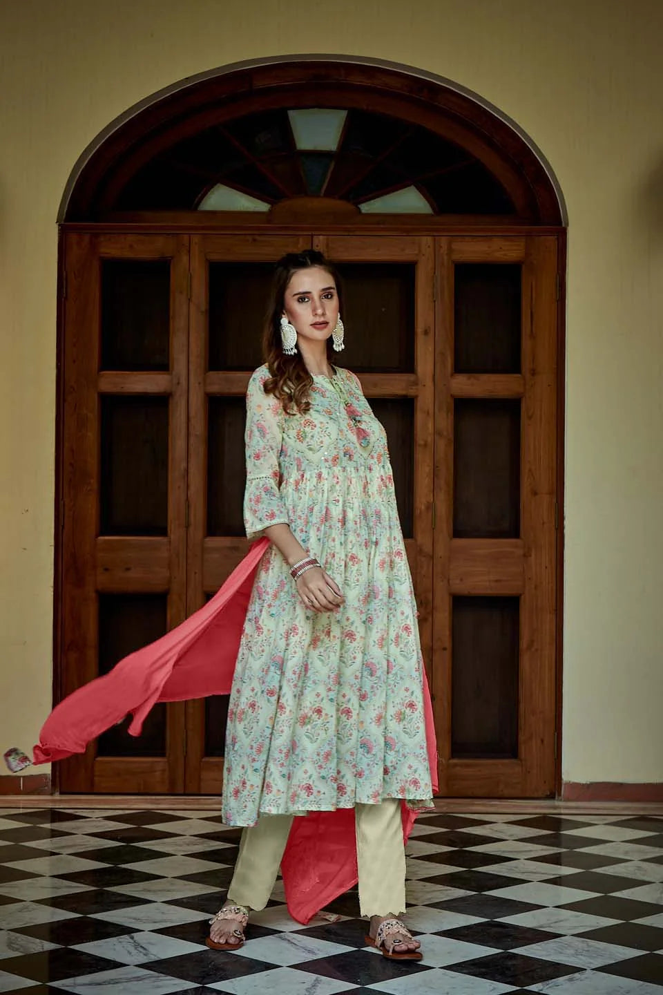 Cotton Fabric Green Colour Floral Printed Top Bottom Dupatta Set