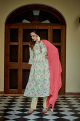 Cotton Fabric Green Colour Floral Printed Top Bottom Dupatta Set-MLWSHKS4343GRN