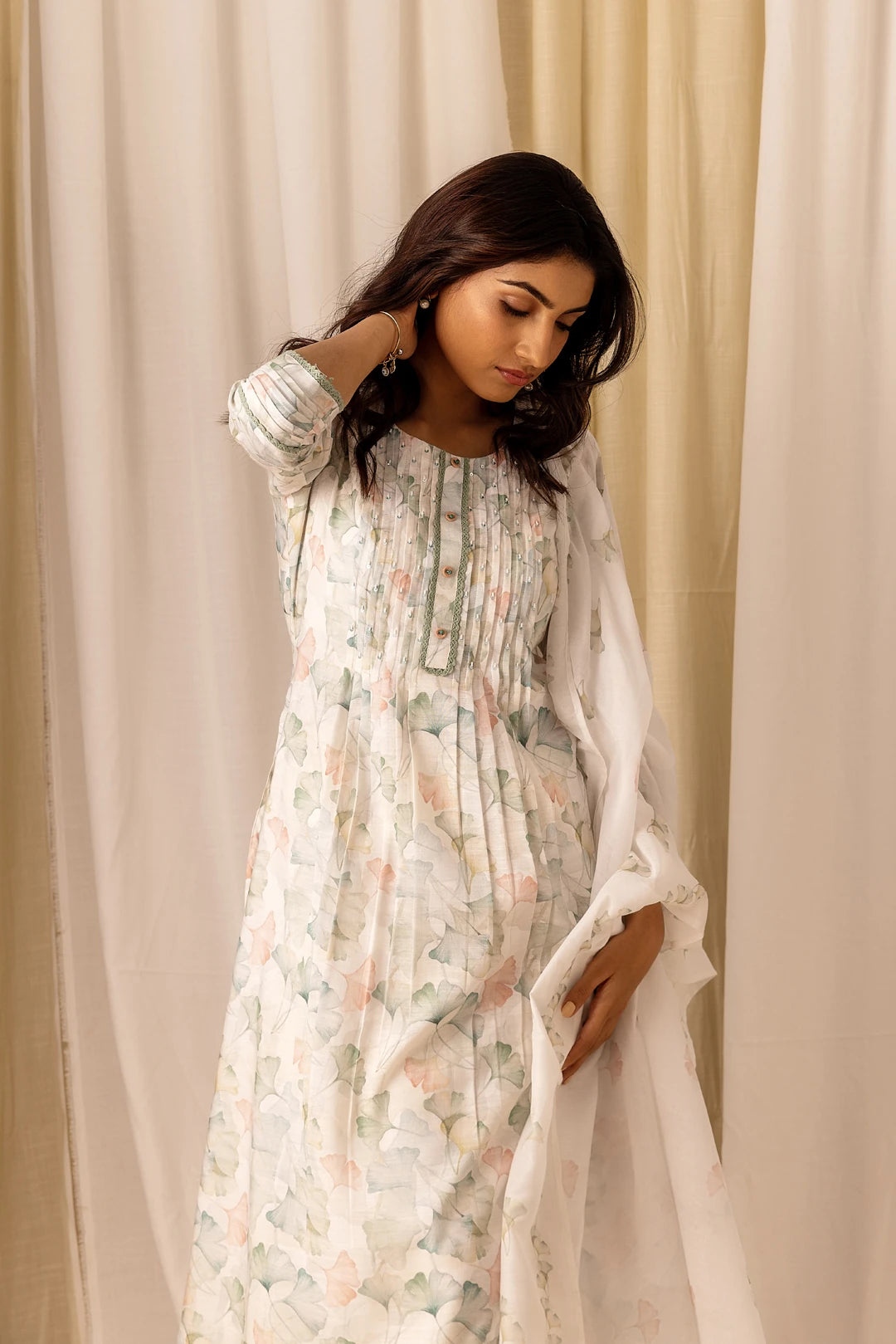 Linen Cotton White Colour Top Bottom Dupatta Set