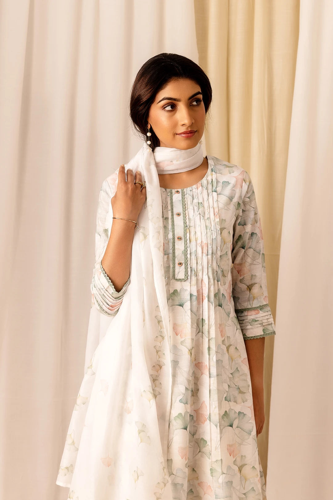 Linen Cotton White Colour Top Bottom Dupatta Set