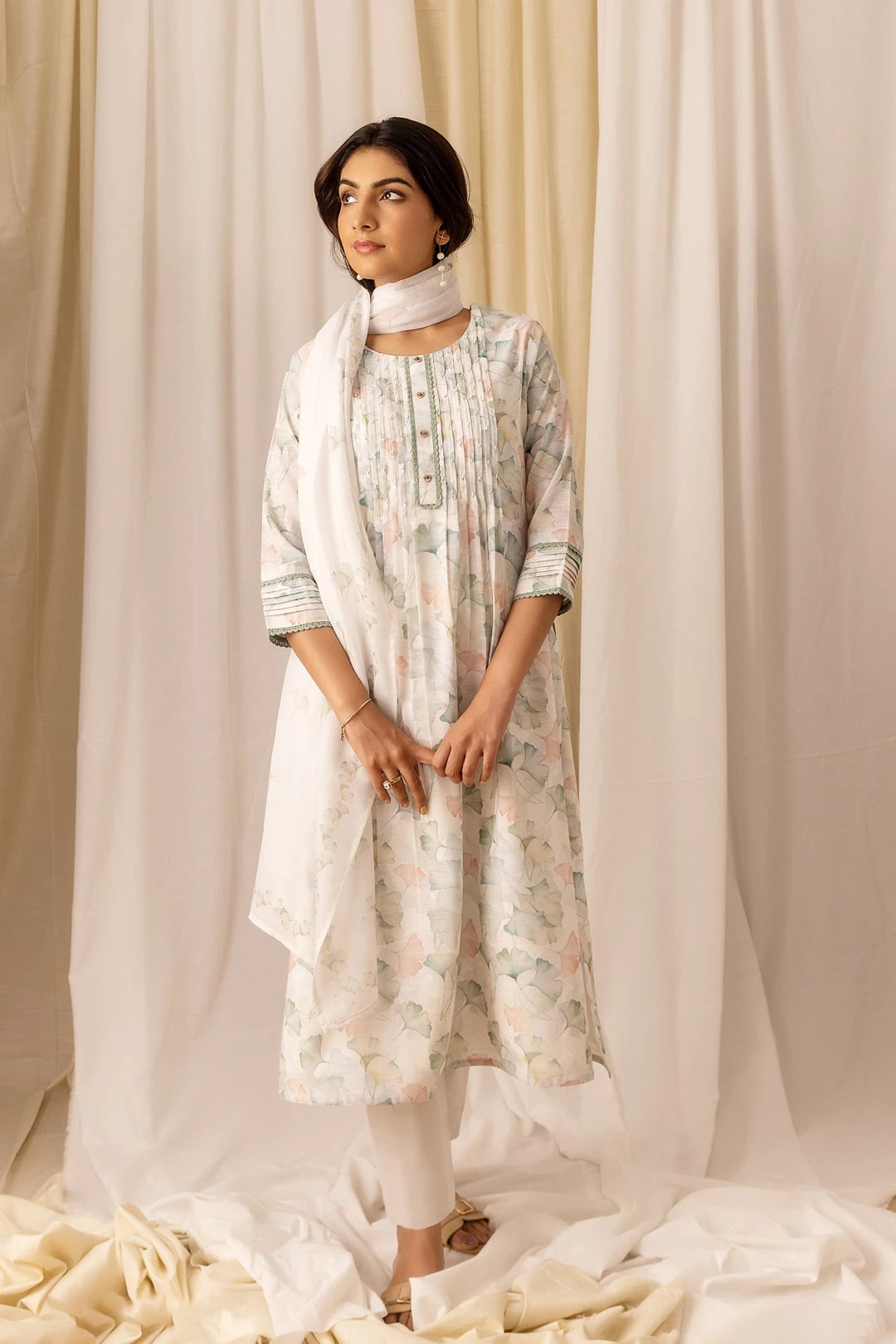 Linen Cotton White Colour Top Bottom Dupatta Set
