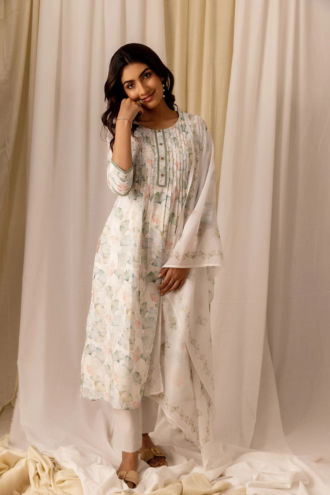 Linen Cotton White Colour Top Bottom Dupatta Set
