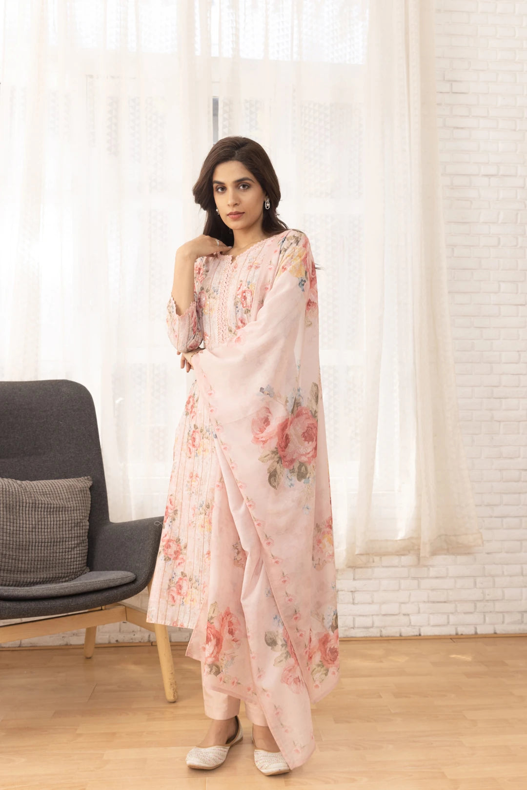 Linen Cotton Peach Colour Top Bottom Dupatta Set