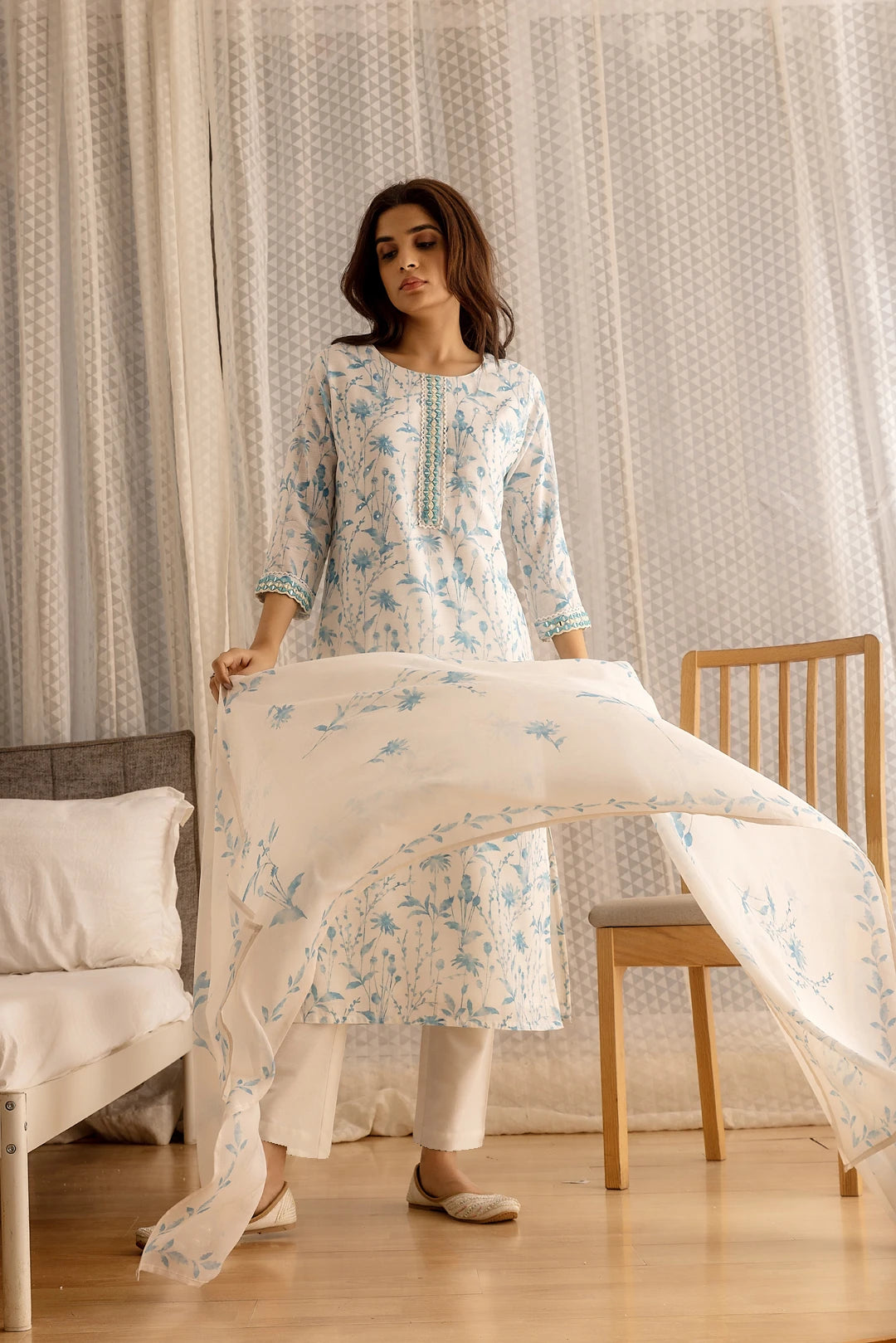 Linen Cotton White Colour Top Bottom Dupatta Set
