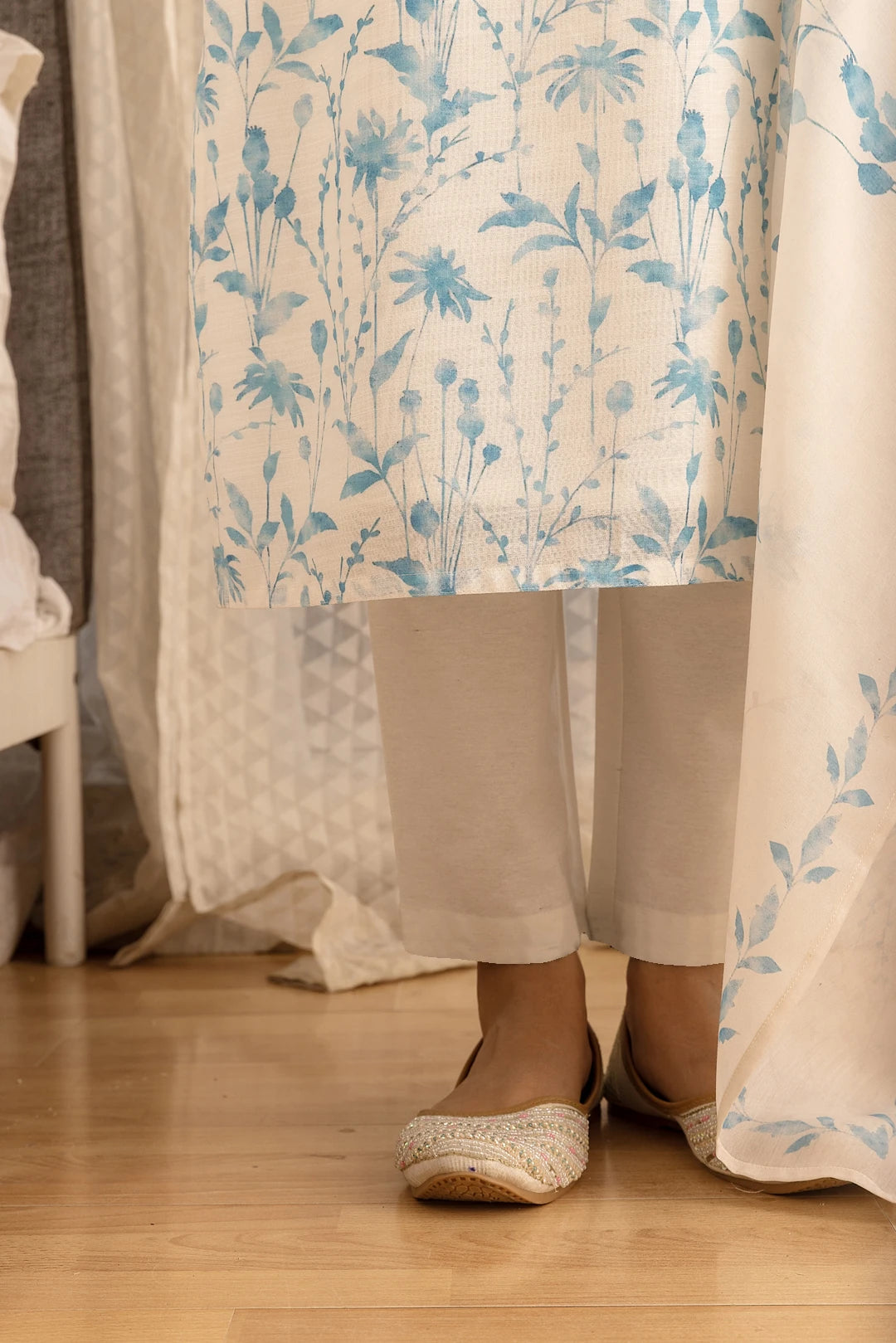 Linen Cotton White Colour Top Bottom Dupatta Set